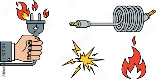 Electrical fire hazard and short circuit concept, hand holding burning power plug with spark and fire flame vector illustration on white background.