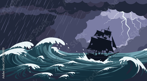 Dramatic vector illustration of a silhouette tall ship battling stormy seas with lightning strikes and colossal waves