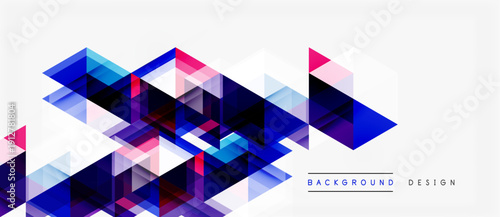 Abstract geometric pattern. Overlapping triangles create dynamic visual texture. Blue, purple, pink hues dominate design. Modern aesthetic.