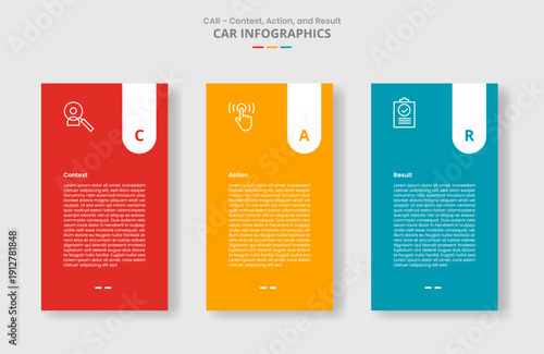 CAR interview technique model for infographic with drop shadow style with vertical box with round badge on top with 3 point list information