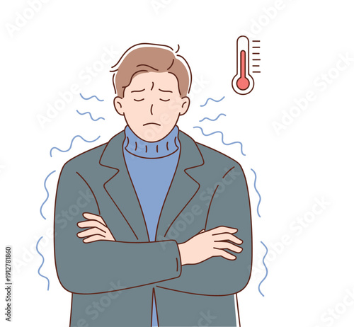 Person shivering in winter clothing, cold temperature and low thermometer icon, chilly weather concept, seasonal discomfort illustration, cartoon freeze effect