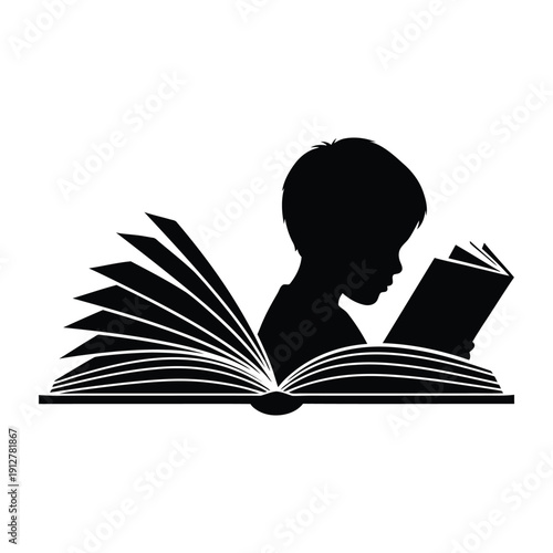 Silhouette of a child reading an open book