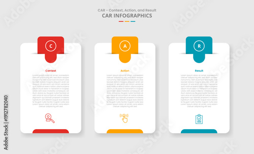 CAR interview technique model for infographic with drop shadow style with vertical round box with round badge header with 3 point list information