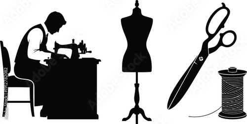 Professional tailor silhouette set with man working on sewing machine, dressmaker mannequin and scissors vector illustration on white background.
