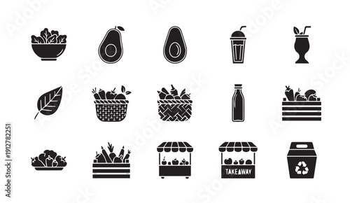 Set of black food icons including fruits and drinks