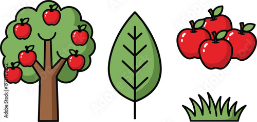 Red apple fruit on tree and green leaf vector illustration set, fresh harvest with grass isolated on white background.