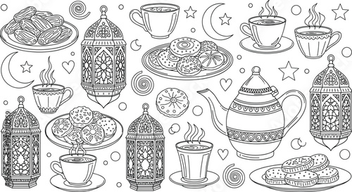 Black and white line art vector illustration of traditional Ramadan treats including tea, dates, cookies, ornate lanterns, and teapots for coloring and festive design.