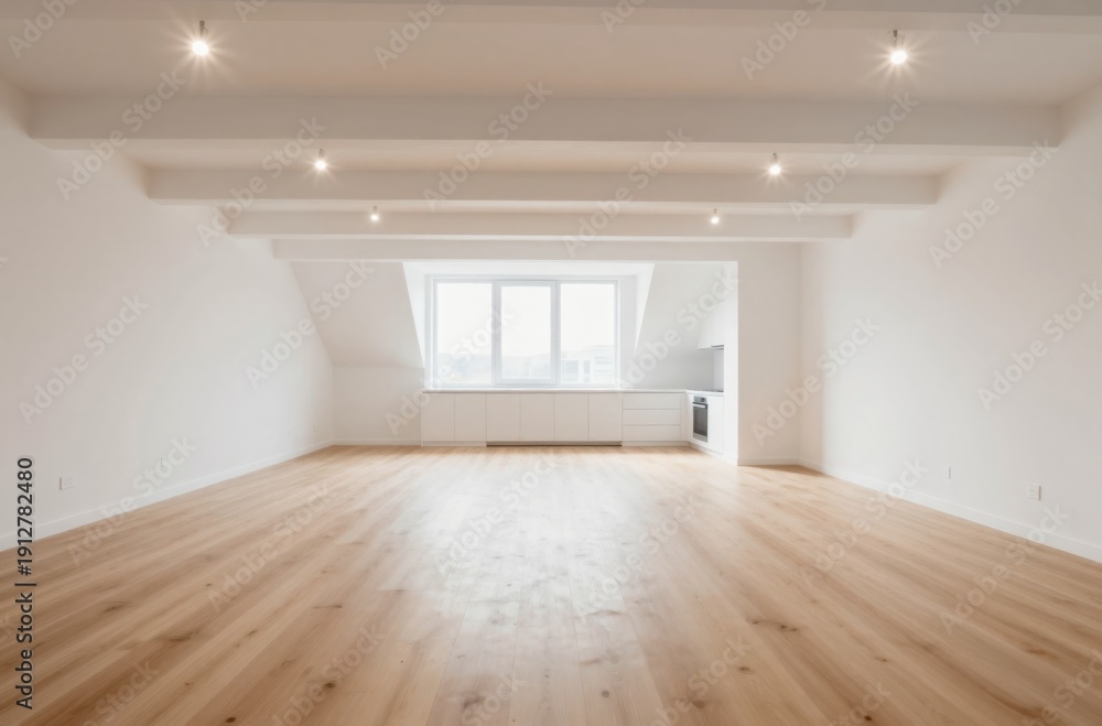 Obraz premium Bright, modern open-plan apartment interior featuring hardwood floors, white walls, ceiling beams, and natural light