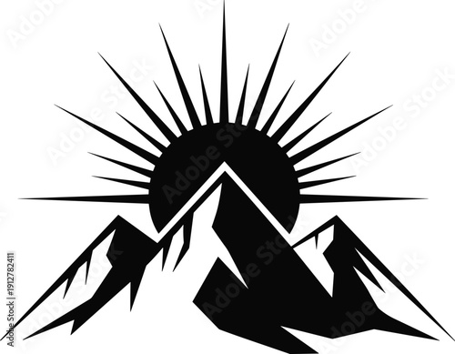 Black and white vector illustration of a majestic mountain range with a rising sun and radiant rays, perfect for outdoor adventure logos and wilderness branding.