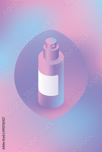 Isometric Cosmetic Bottle on Soft Gradient Background, Minimal Skincare Container Mockup with Blank Label