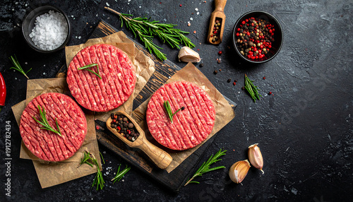 Three Raw Ground Beef Patties with Rosemary and Spices on Dark Textured Surface Keywords: raw beef patties, ground