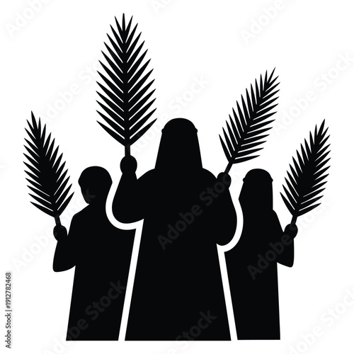 Three figures holding palm fronds black silhouette