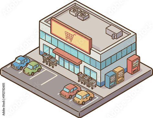 アイソメトリックのスーパーマーケットと駐車場のイラスト