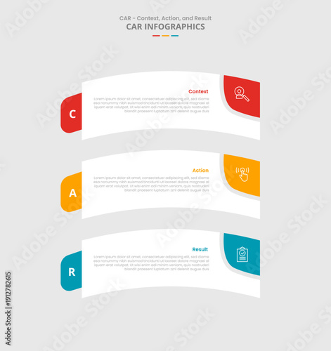 CAR interview technique model for infographic with drop shadow style with round rectangle box bending curve with 3 point list information