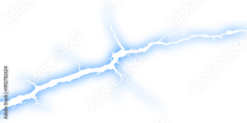 A powerful lightning strike illuminates a dark jet plane flying high through blue clouds and white vapor trails in the abstract nature of the sky