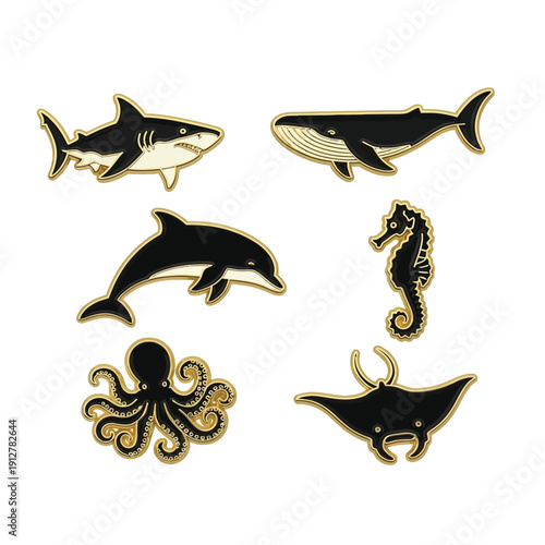 Elegant ocean creatures in gold and black enamel pins