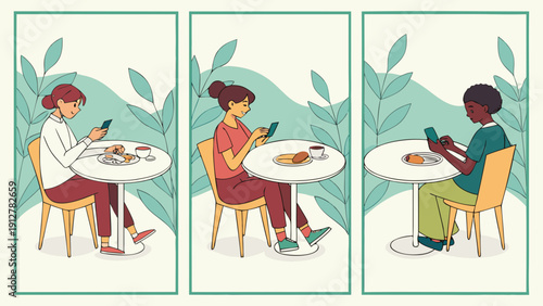 People eating and using their phones at restaurant tables Vector