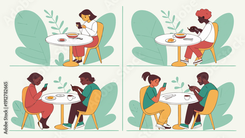 People sitting at tables in a restaurant setting Vector