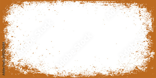 Abstract grunge frame design featuring a rusty brown metal texture with paint splashes and ink stains on an old dirty paper background
