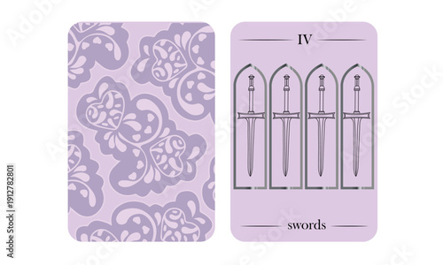 Four of Swords Tarot Card with Four Blades, Lavender Minimal Vector Illustration.eps