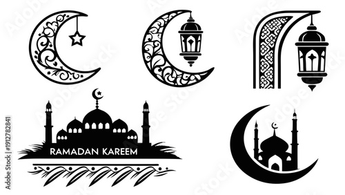 Ramadan kareem illustrations with mosque and crescent moon Vector