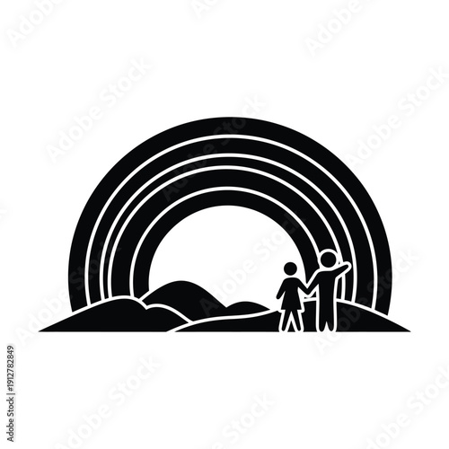 Two figures standing under a rainbow silhouette two people