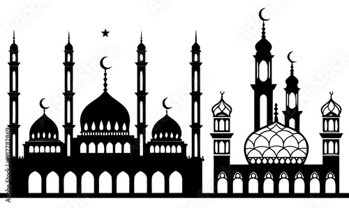A black and white image of a mosque silhouette Vector