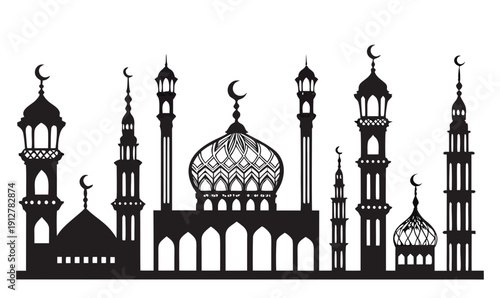 A black and white image of a mosque Vector