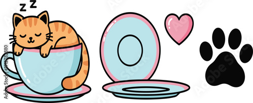 Adorable ginger cat sleeping in a blue teacup vector illustration set, cute kitten character with pink heart and paw print on white background.