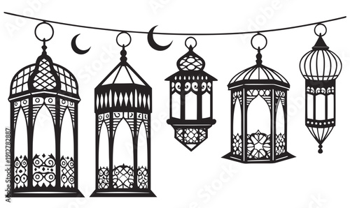 A set of lanterns hanging from a string with crescent moons Vector