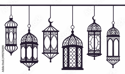 A set of hanging lanterns with intricate designs Vector