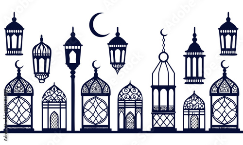 Ramadan lanterns and crescent moon silhouette Vector