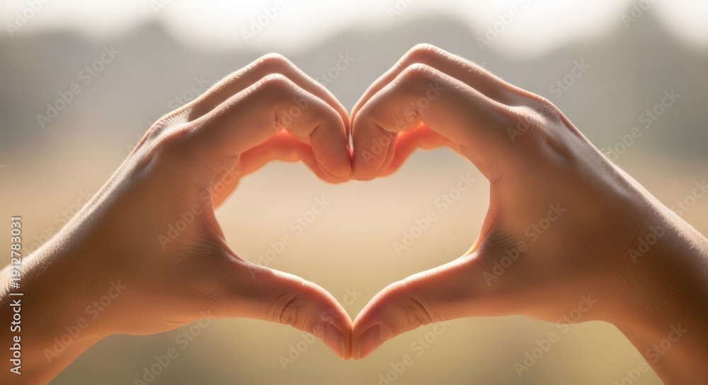 Obraz premium A pair of hands forming a heart shape with sunlight filtering through the fingers, set against a blurred natural background.