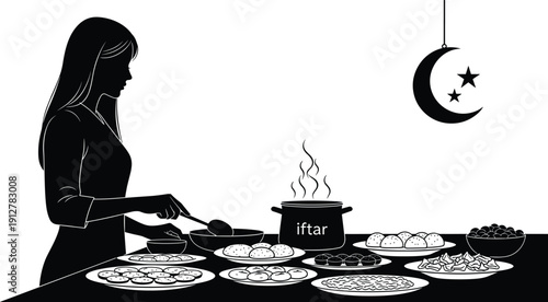 Black and white vector silhouette of a woman preparing a traditional Iftar meal with various food plates and a crescent moon for Ramadan.