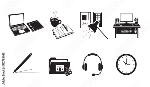 Modern office workspace icons set with technology and productivity tools