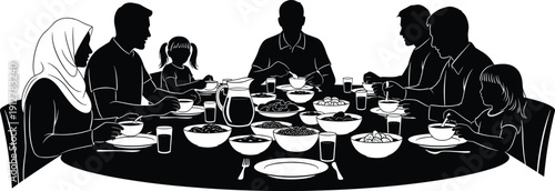 Black silhouette vector collection of Muslim families sitting at dining tables eating Iftar dinner together, praying on mats, and mosque silhouettes for Ramadan celebration.
