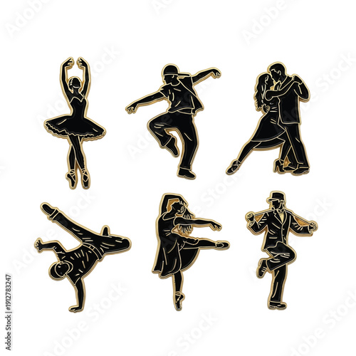 Elegant dancers in dynamic poses with gold outlines