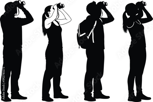 Black Silhouette Set of People Looking Through Binoculars Isolated on White Background for Travel Agency Marketing Bird Watching Hobby and Outdoor Observation Graphic Design