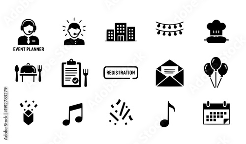 Minimal event management solid vector icons