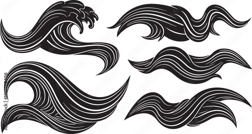 Fototapeta premium Black and white wave tattoo designs on white background