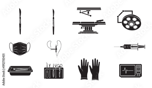 Medical icons set including surgical tools and equipment