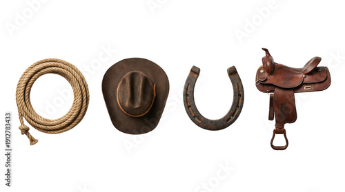 Overhead view of a coiled brown rope, a weathered cowboy hat, a dark horseshoe, and a leather saddle arranged horizontally. isolated PNG with Transparent Background