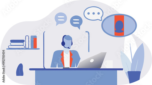 Remote worker wearing headset sitting at desk with laptop and books, engaged in video call on transparent background