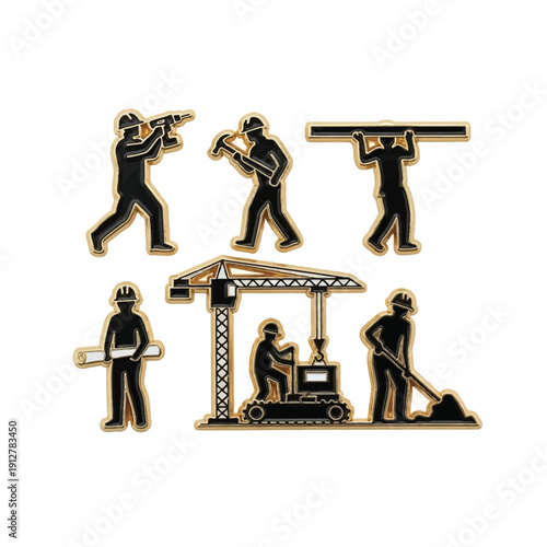 Construction workers in various poses with gold outlines