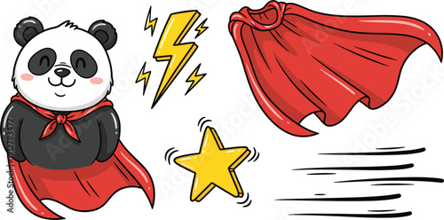 Cute panda superhero character wearing red cape, heroic power set with lightning bolt and golden star vector illustration on white background.