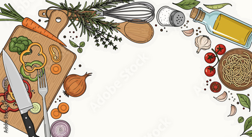Culinary inspiration with fresh ingredients and cooking tools arranged artistically on a white background