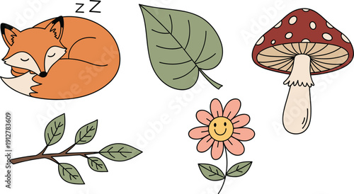 Cute sleeping fox character in autumn forest set, red mushroom and smiling flower with green leaves vector illustration on white background.
