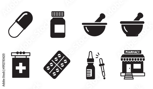 Pharmacy medical icons set for healthcare and medicine
