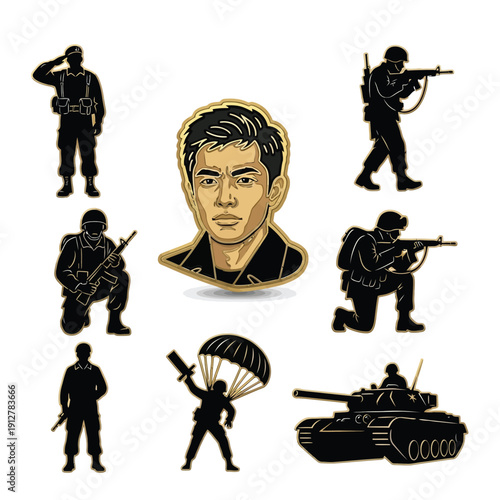 Military icons set with soldier silhouettes and commander portrait