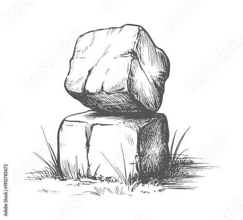 Black and ink of stacked stones with grass rock